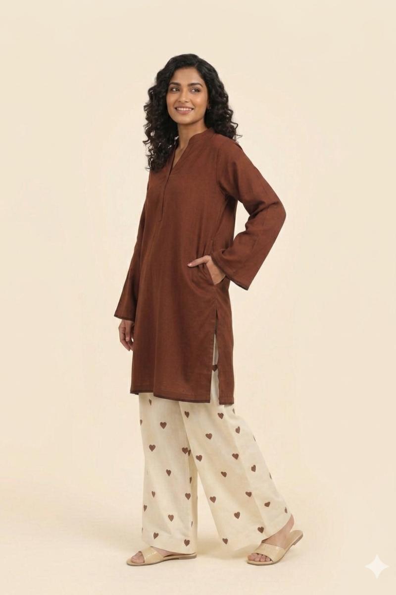 Women_Casual_2PC_Heart_Embroidery_V-Neck_Shirt_Brown